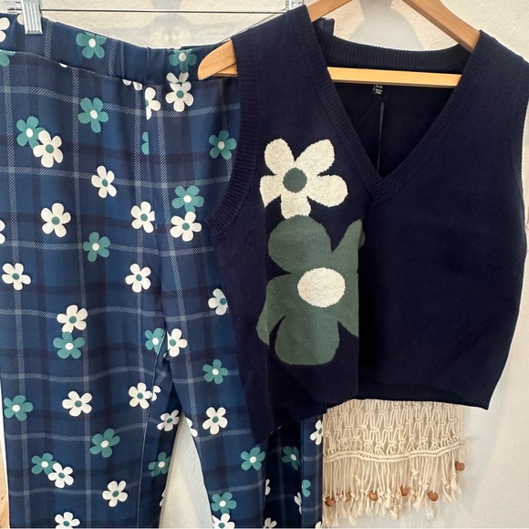 Unique Vintage Plaid Flower Power 70’s Retro Preppy Vest Flair Pants XL Set - Picture 6 of 12